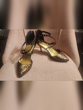 Thalia Sodi Black and Gold Studded Strappy Pointed Heels 7M